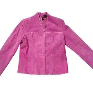 Pink Ruffle Suede Jacket Petite Size M Fitted Hook Front Y2K Feminine Soft Girl